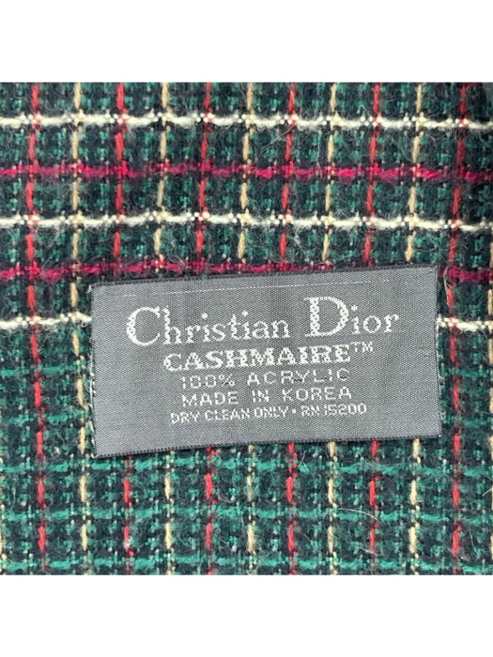 Vintage Christian Dior Cashmaire Acrylic Woven Rectangle Fringe Plaid Scarf